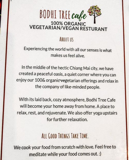 Menu informational page at Bodhi Tree Cafe in Chiang Mai