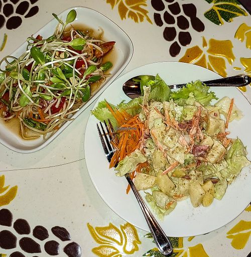 Som Tam & Potato Salad at Bodhi Tree Cafe in Chiang Mai