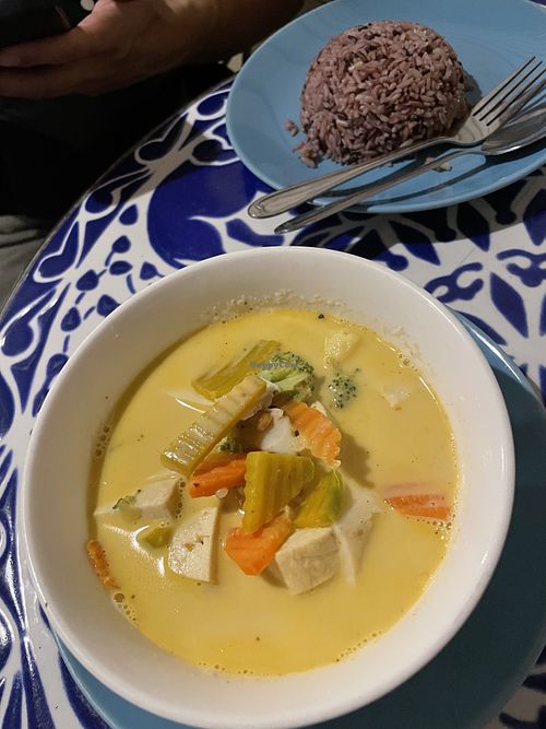 Yellow curry with tofu, vegetables and rice  at Bodhi Tree Cafe in Chiang Mai