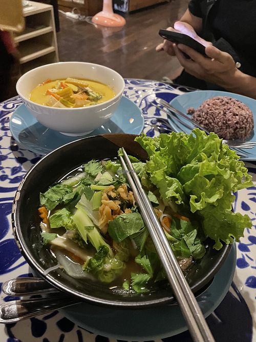 Noodle soup with mushrooms and tofu (tofu was missing)  at Bodhi Tree Cafe in Chiang Mai