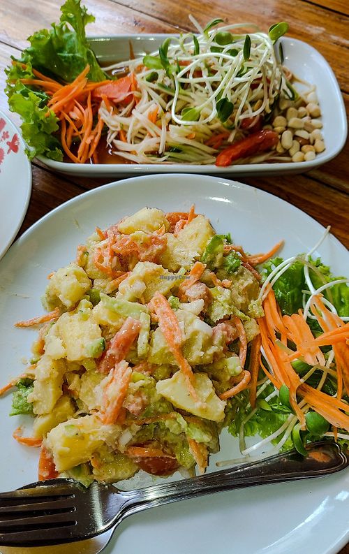 Vegan Potato Salad and Somtam (Thai Spicy Papaya Salad). #Veganuary at Bodhi Tree Cafe in Chiang Mai