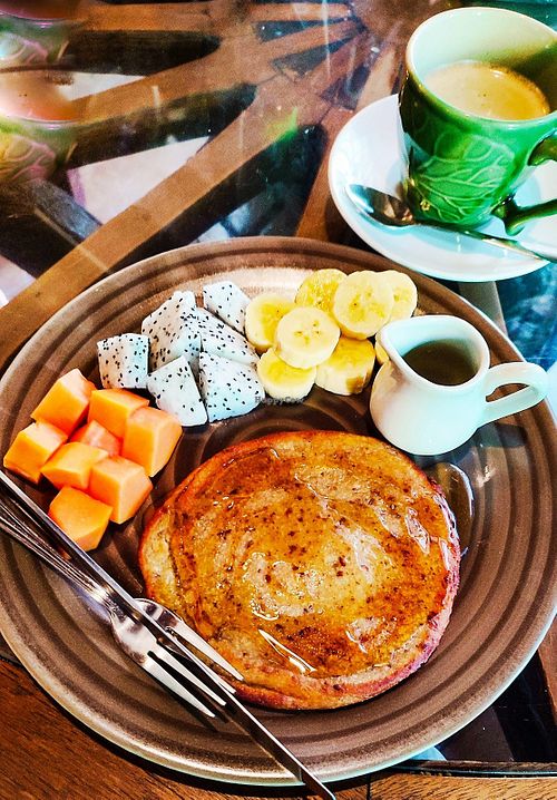 Vegan pancake and fresh fruit at Bodhi Tree Cafe in Chiang Mai