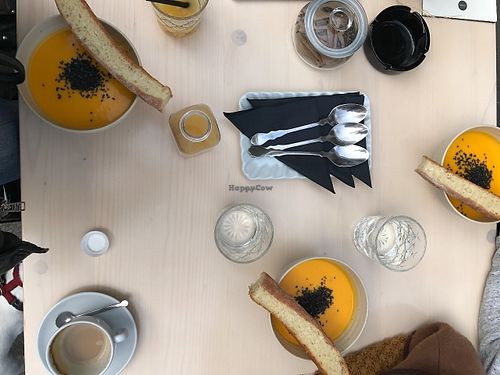 creamy carrot soup & glutenfree bread at Barbarella Arkade in Ljubljana