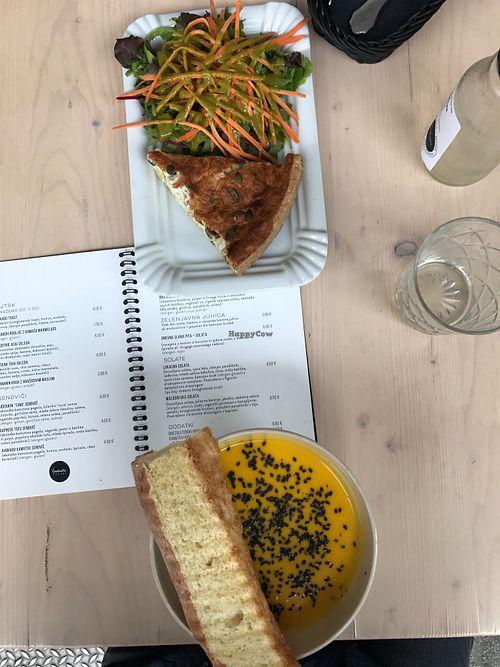 Vegan quiche and salad and creamy carrot soup at Barbarella Arkade in Ljubljana