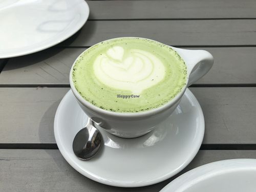 Matcha latte with soy milk at Waterloo Tea in Cardiff