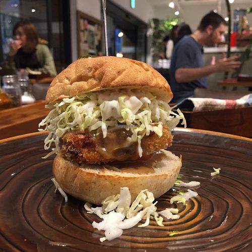 burger with tempeh and cabbage.  at Mr. Farmer - Omotesando in Tokyo