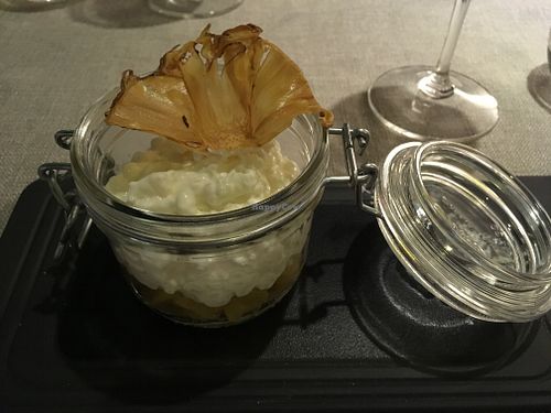 Vegan dessert when I visited on April 2019. It was rice pudding with coconut milk, pineapple compote and dried pineapple on top. at Le Bistrot des Belles Caves in Tours