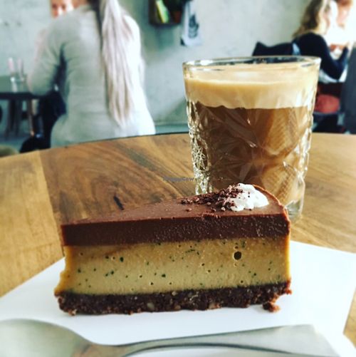 Mint chocolate cake and oat latte. at Oh my Goodness in Helsinki