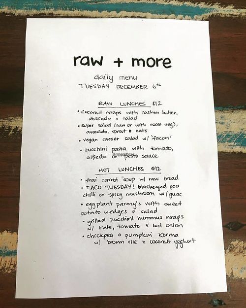 sample of the lunch menu, which changes daily at Raw + More Cafe in West Perth