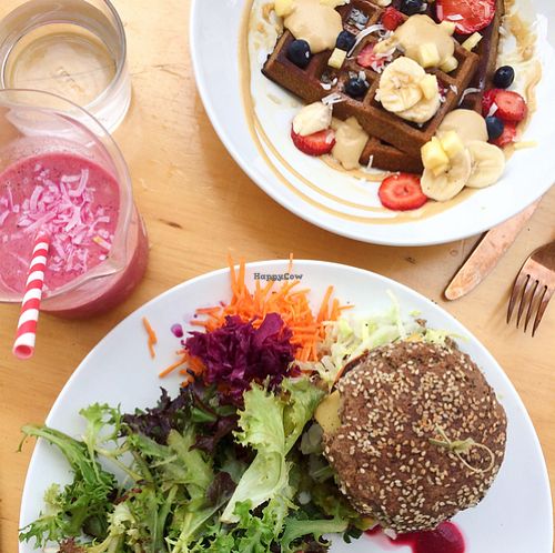 Waffles and cheese burger  at Sadhana Kitchen in Bondi Beach