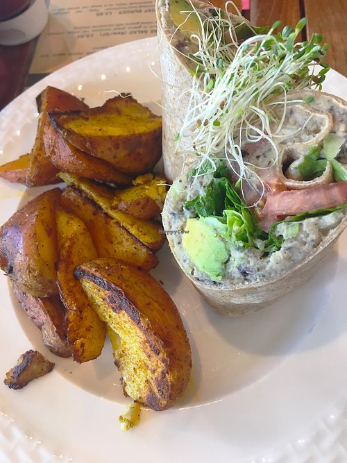 White bean “no tuna” wrap with roasted potatoes at Holi Vegan Kitchen in North Miami Beach
