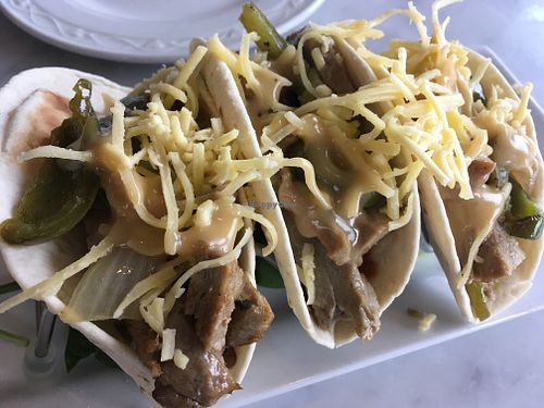 Weird but very tasty seitan tacos with Violife  at Pizza by Elizabeths in Greenville