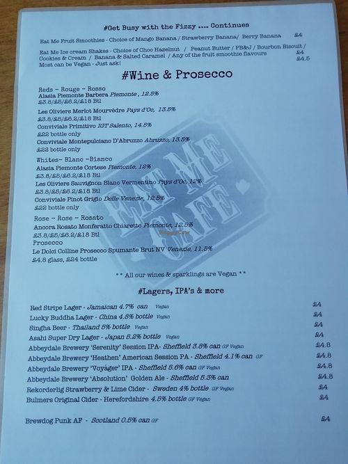 Drinks menu 1 at Eat Me in Scarborough