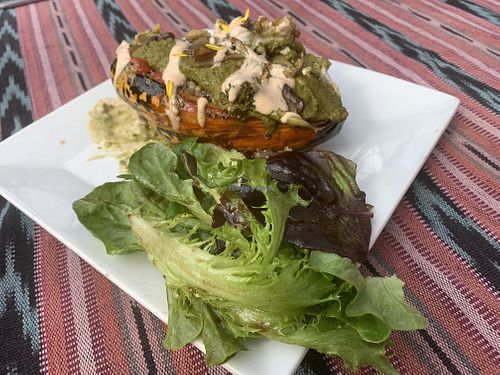 Stuffed squash plate. Looks bad, tastes awesome! at Origins Cafe in Cooperstown