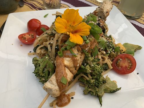 Thai tofu and noodles with satay  at Origins Cafe in Cooperstown