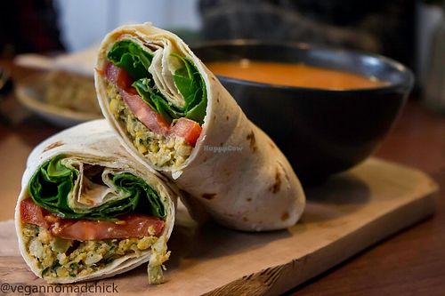 Vegan falafel wrap with Thai sweet potato soup. The soups are always vegan. :) at The Flame Tree Cafe in Dundee