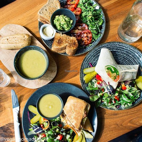 Avocado toast, falafel wrap, vegan haggis panini, broccoli cauliflower soup. at The Flame Tree Cafe in Dundee