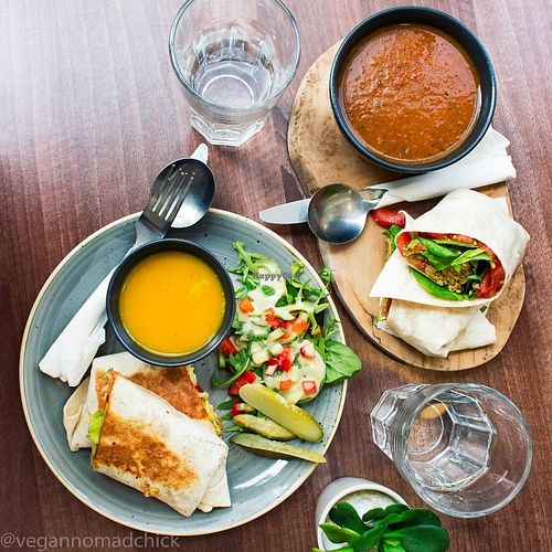 Falafel wrap with Mediterranean veggie soup, burrito with curried butternut squash soup. at The Flame Tree Cafe in Dundee