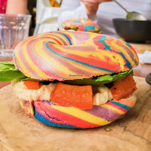 rainbow bagel with hummus, spinach and roasted veg at The Flame Tree Cafe in Dundee