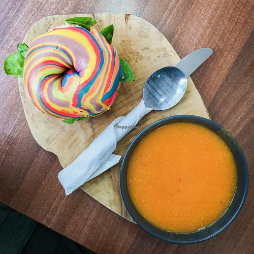 rainbow bagel with sweet potato, coconut and chilli soup at The Flame Tree Cafe in Dundee