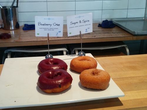 Tasty, moist vegan donuts. Blueberry basil, sugar & spice.  at Blue Star Donuts - 23rd in Portland