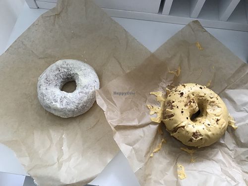 Left: orange olive oil. Right: passion fruit cake. The frosting was amazing. I licked the wrapper. Don’t judge me.  at Blue Star Donuts - 23rd in Portland