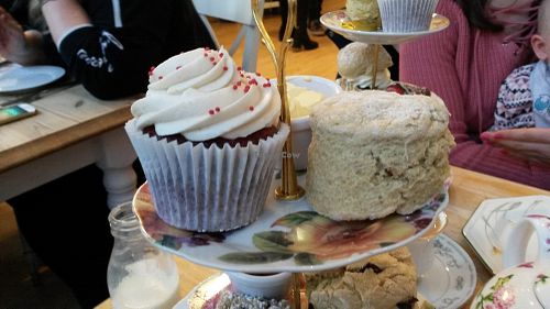 Red velvet cup cake and plain scone with jam and margarine. at The Great British Cupcakery in Newcastle Upon Tyne