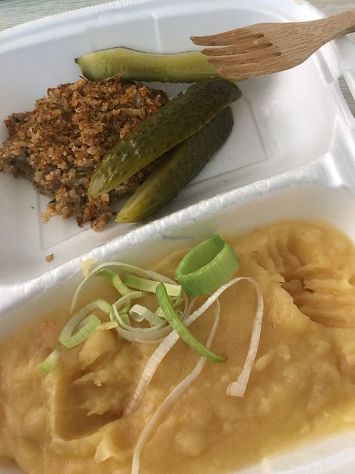 Mashed potatoes with bean patty and pickles  at Dobre Poledne in Mlada Boleslav