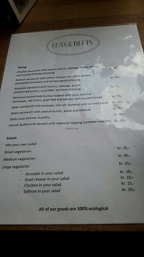 Menu card at Flax & Beets in Copenhagen