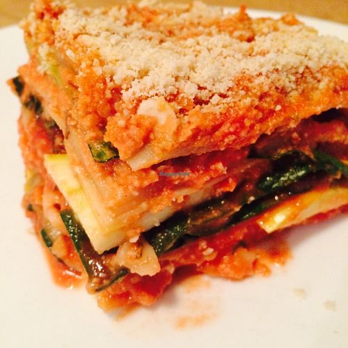 Lasagna made from organic durum wheat.  GF option available.  Layered with squash, local greens of spinach, arugula, collards, and smothered in savory tomato-cashew-cocounut sauce.  Topped with parmesan of your choice.
Available GF and Nut free, notify of any allergies :) at Panda's Kitchen in Denver