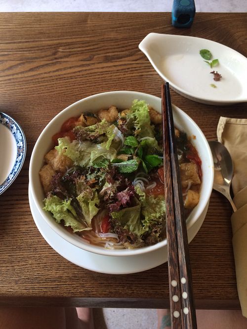 soup with tomato and tofu for 79K, a bit pricey and the tofu had a weird consis at Minh Chay - Ma May in Hanoi