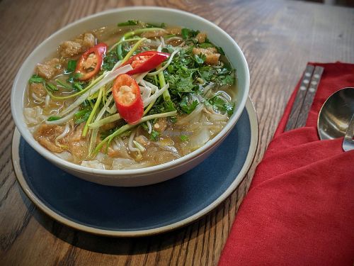 Vegan 'beef' pho. Full of flavour and ingredients. at Minh Chay - Ma May in Hanoi
