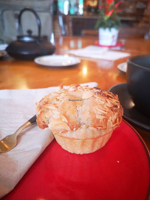 Picture of a frangipane cake on a red plate. The cake is in a pastry case and topped with flaked almonds at Planetwise & Yoga Studio in Bridlington