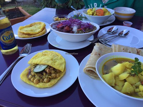 Doubles, Curry Cauliflower/Potato, Lentils/Beans/Rice, Beer at Calypso Roti Shop in Tofino