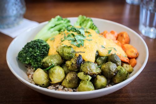 vegan bowl - baked brussels sprouts, broccoli and carrots with buckwheat and pumpkin sauce at Veget in Prague