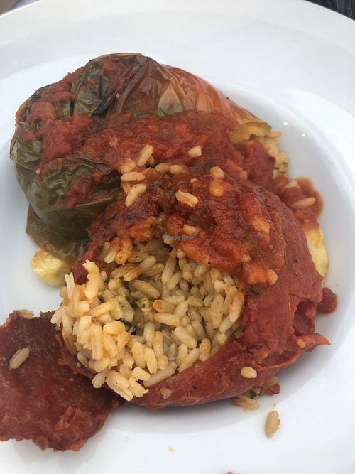 Stuffed bell peppers with rice and French fries at Nice n Easy in Mykonos