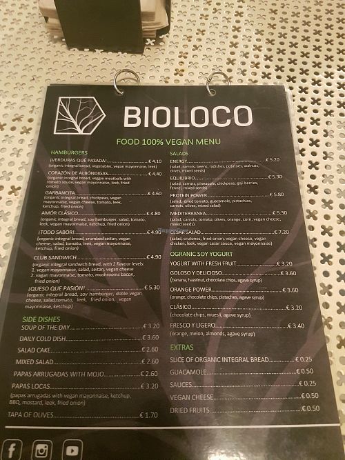 menu at Bioloco in Gran Canaria