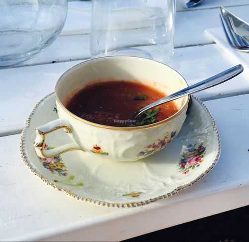 tasty gazpacho served in the cutest cup! at Hornuddens Tradgard in Straengnaes