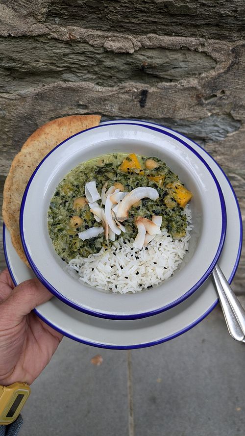 Roasted squash and chickpea saag with gluten-free flatbread at Sprout Health Foods in Newquay