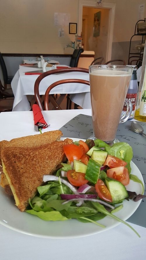 Nit bacon and vegan cheese toastie and almond milk hot choc at Veggie Rae in Bury