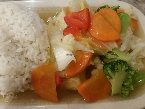 assorted vegetables with rice and gravy at Veggie King in Central Singapore