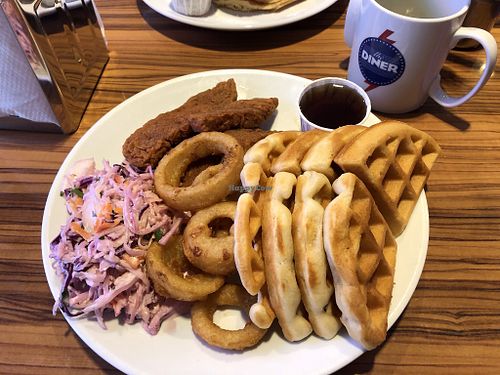 Waffles with seitan, slaw, onion rings and syrup  at The Diner - Strand in London