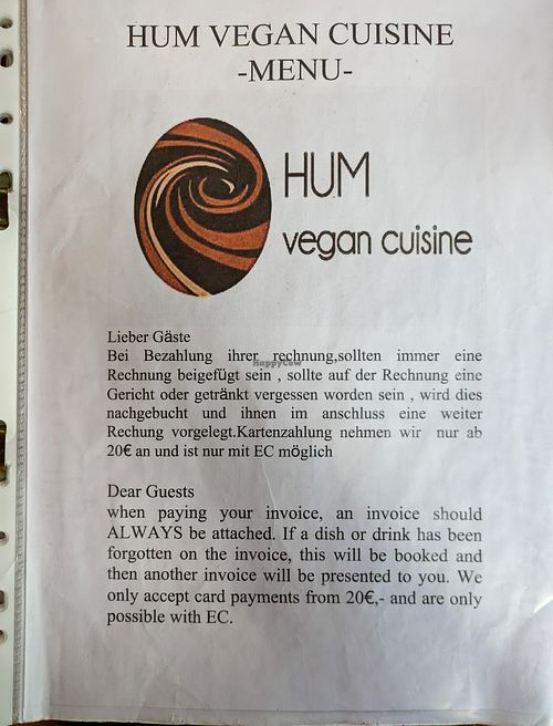 Menu page at Hum Vegan Cuisine at Hum Vegan Cuisine in Berlin