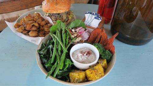 gyro burger and protein bowl at The Shady Shack in Canggu