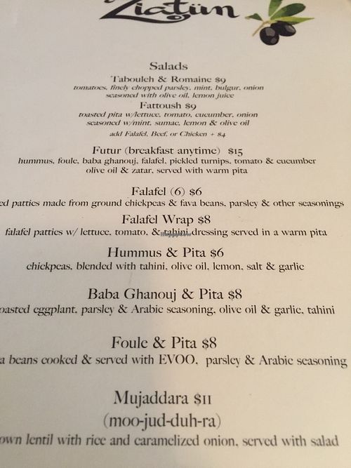Vegan side of the menu at Ziatun in Beacon