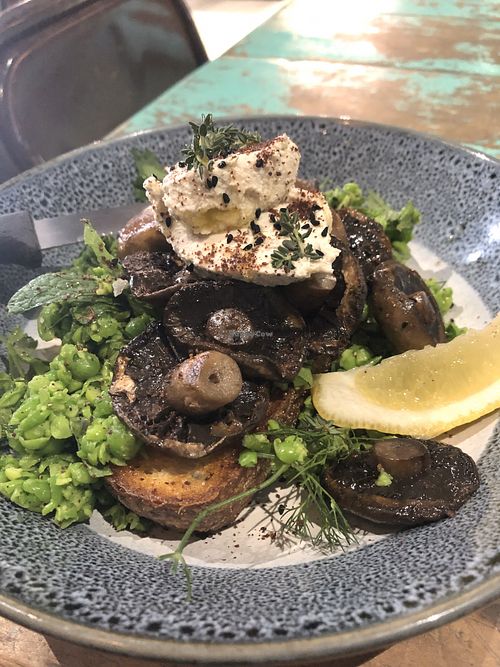 Peas and Schrooms - delicious!  at Flock Espresso and Eats in Lismore