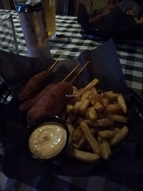 Vegan corn dogs and fries at The Townehouse Tavern in Sudbury