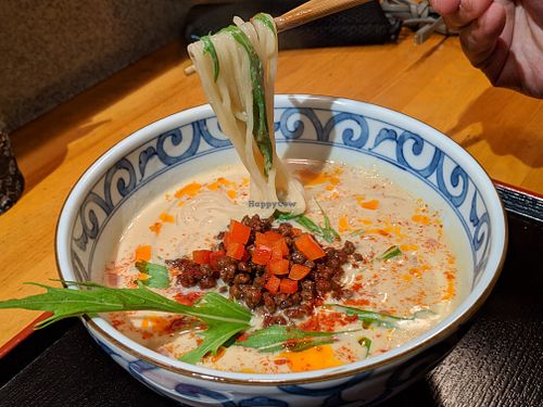 large tantan ramen with soy meat and rice noodles (gluten free noodles).  at Vegan Ramen Towzen in Kyoto