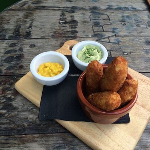 Tofu chips, served with basil aioli and sweet mustard dip. All vegan. at Daylight Robbery in Edinburgh