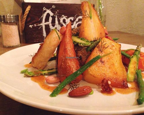 Vegan Nut Roast, with maple roasted root veg and seasonal greens at Fusca  in Warwick